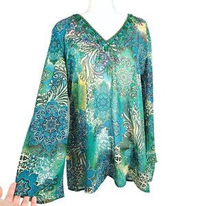 RAVIYA Emerald Green Floral Paisley Embellished V Neck Swim Dress Cover Up